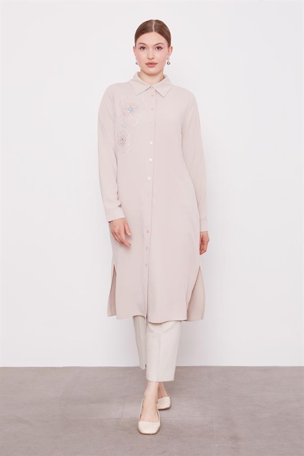 Bej Taş Çiçek Desen Baskılı Tunik