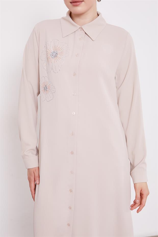 Bej Taş Çiçek Desen Baskılı Tunik