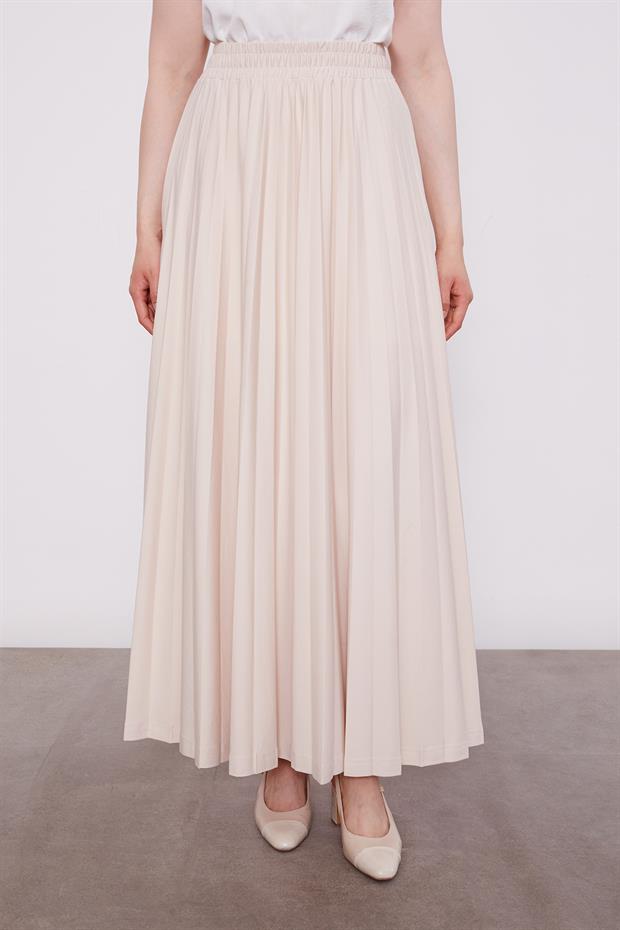 Bej Taş Yaka Detay Piliseli Etek Takım