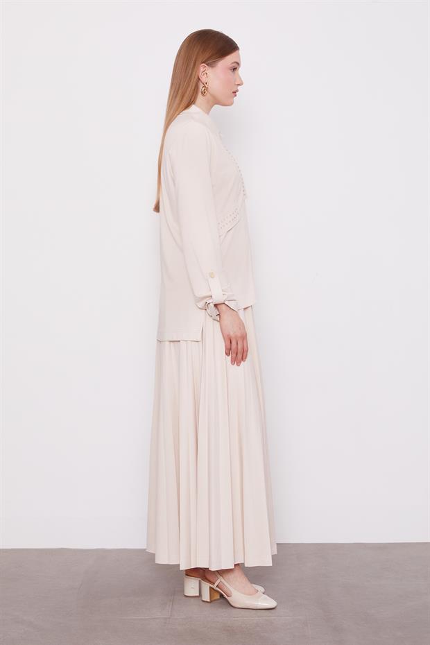 Bej Taş Yaka Detay Piliseli Etek Takım