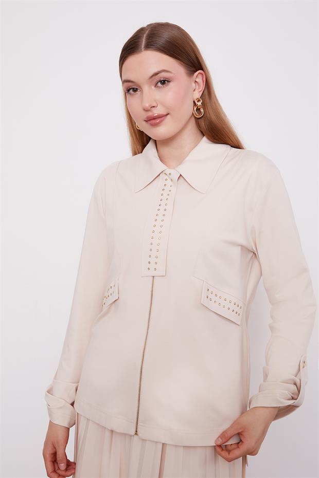 Bej Taş Yaka Detay Piliseli Etek Takım