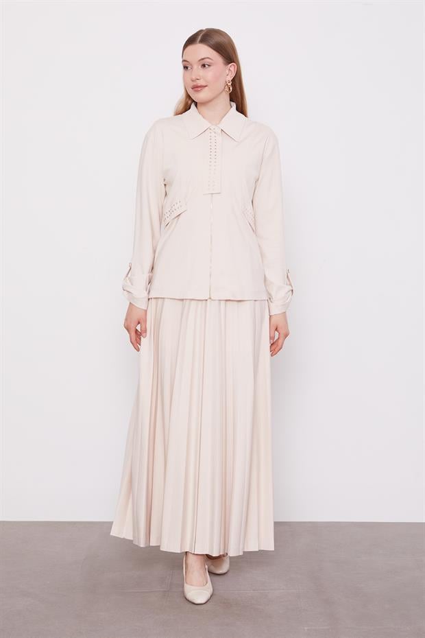 Bej Taş Yaka Detay Piliseli Etek Takım