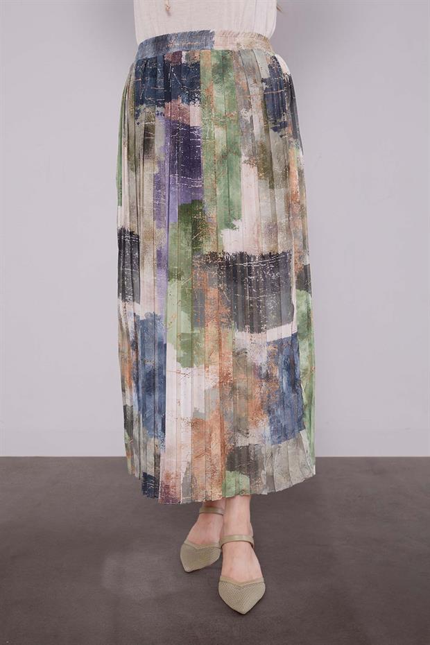 BEJ-TURKUAZ Bel Büzgülü Etek Takım