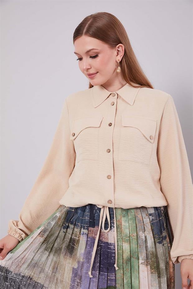 BEJ-TURKUAZ Bel Büzgülü Etek Takım