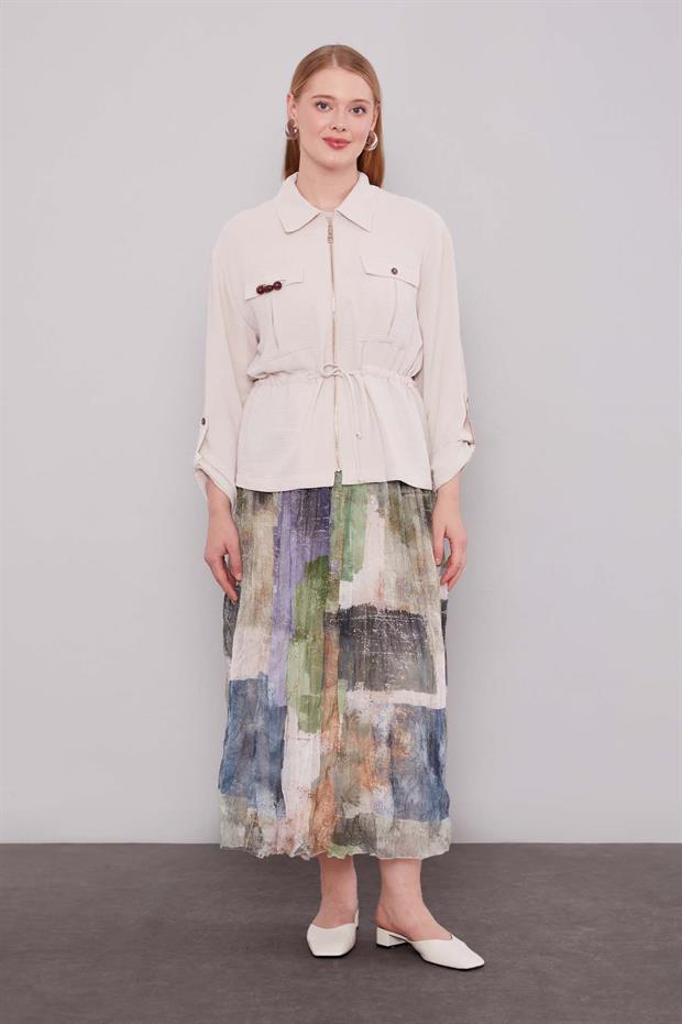 Bej - Turkuaz Karışık Desenli Etek Takım