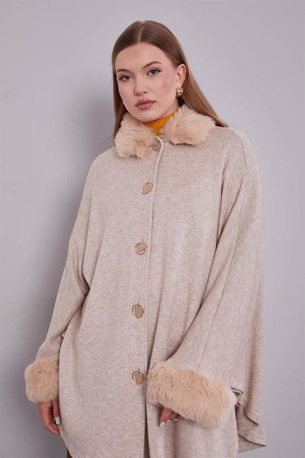 Bej ürk Detaylı Kaşmir Panço