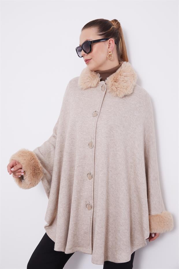 Bej ürk Detaylı Kaşmir Panço