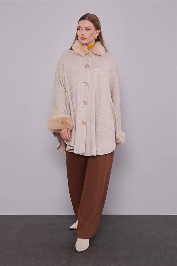 Bej ürk Detaylı Kaşmir Panço