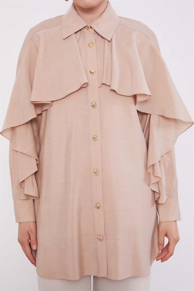 Bej Volan Detay Düğmeli Gömlek