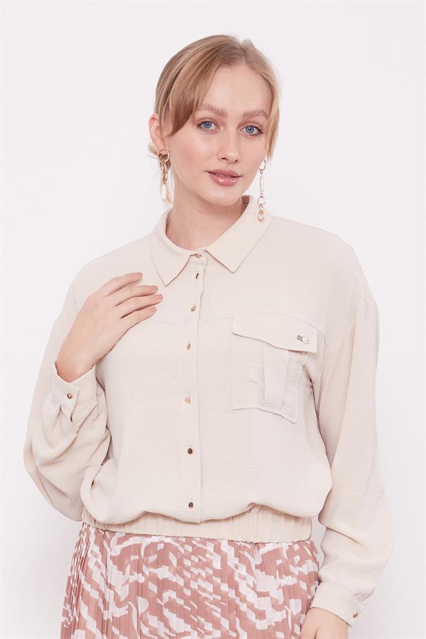 Bej Yaka Cep Detay Ceket