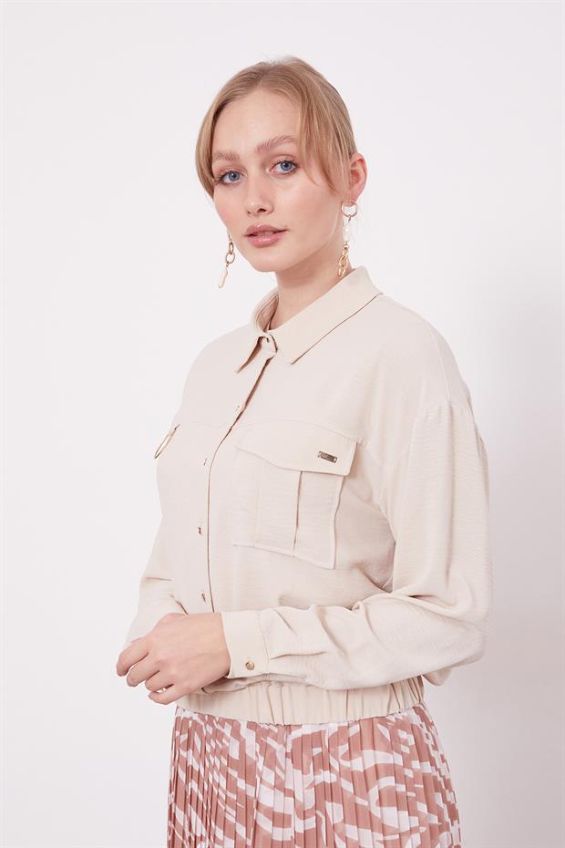 Bej Yaka Cep Detay Ceket