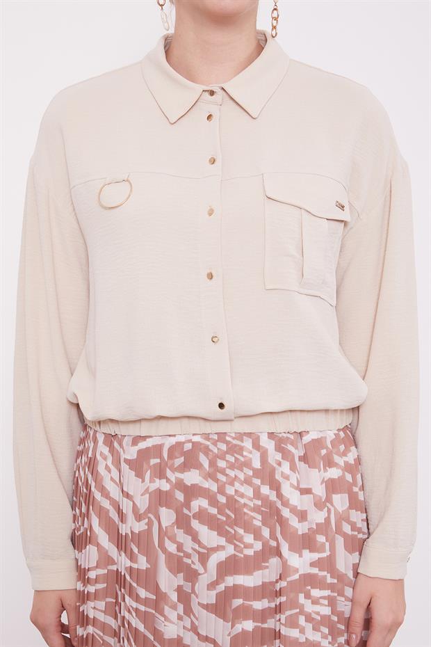 Bej Yaka Cep Detay Ceket