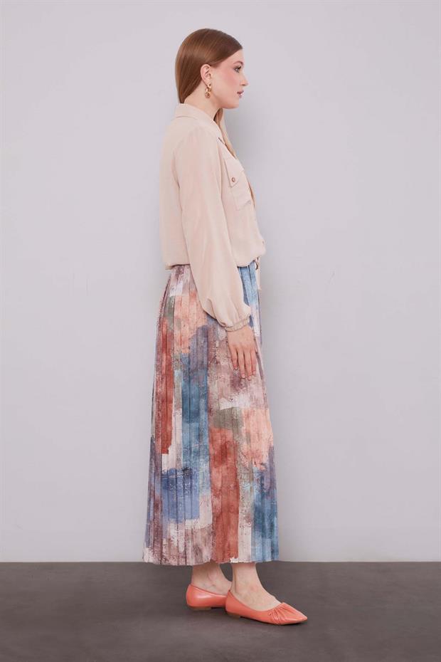 Bej-Yeşil Bel Büzgülü Etek Takım