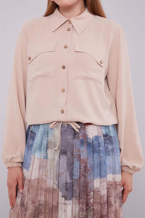 Bej-Yeşil Bel Büzgülü Etek Takım