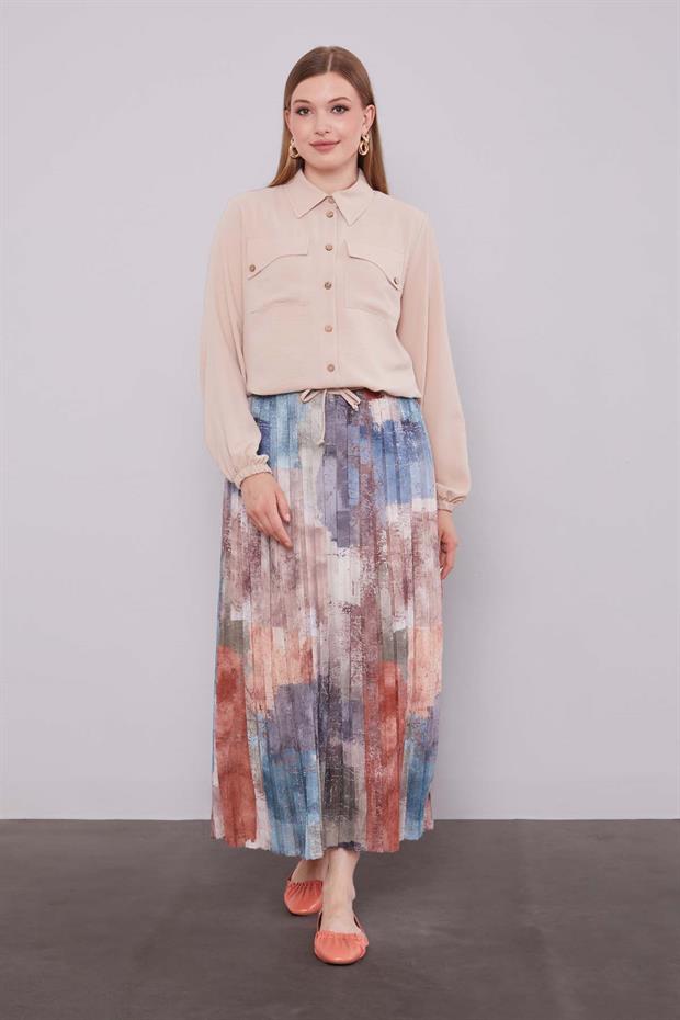 Bej-Yeşil Bel Büzgülü Etek Takım