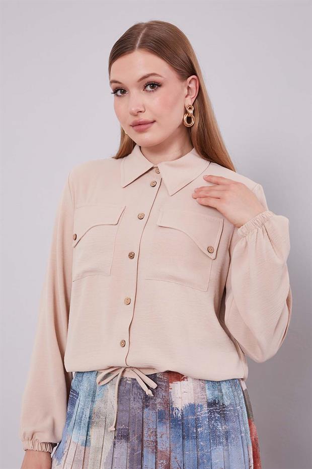 Bej-Yeşil Bel Büzgülü Etek Takım