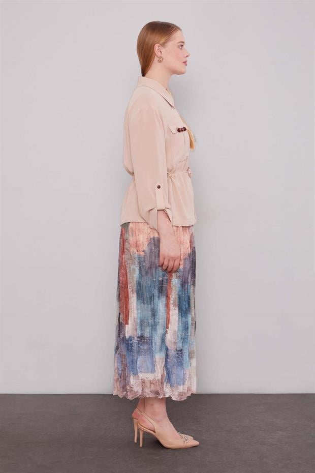 Bej - Yeşil Karışık Desenli Etek Takım