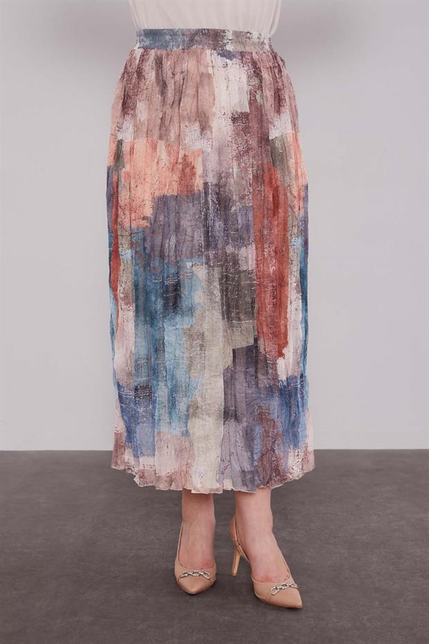 Bej - Yeşil Karışık Desenli Etek Takım