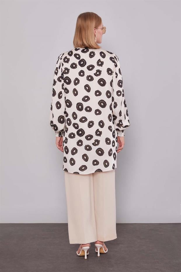 Bej Yuvarlak Desenli Tunik