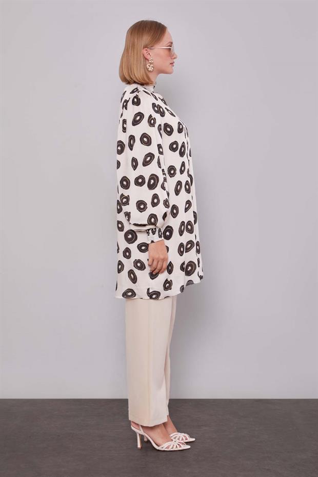 Bej Yuvarlak Desenli Tunik