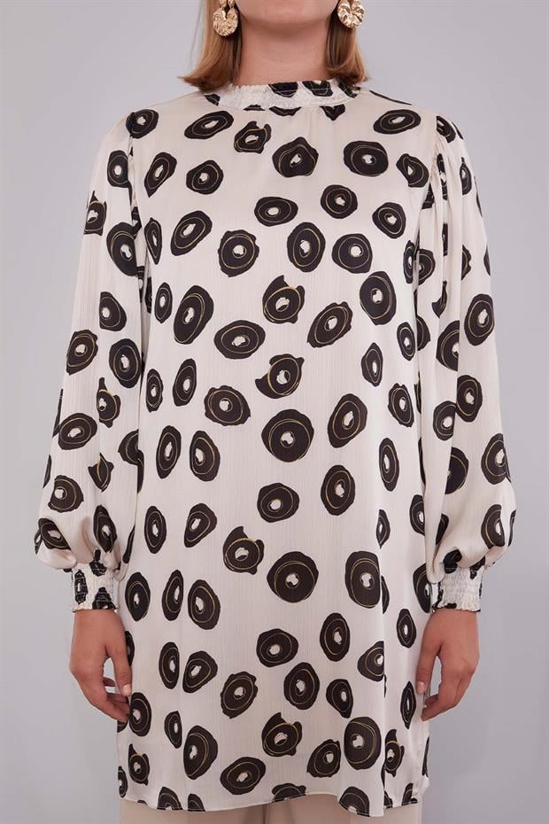 Bej Yuvarlak Desenli Tunik