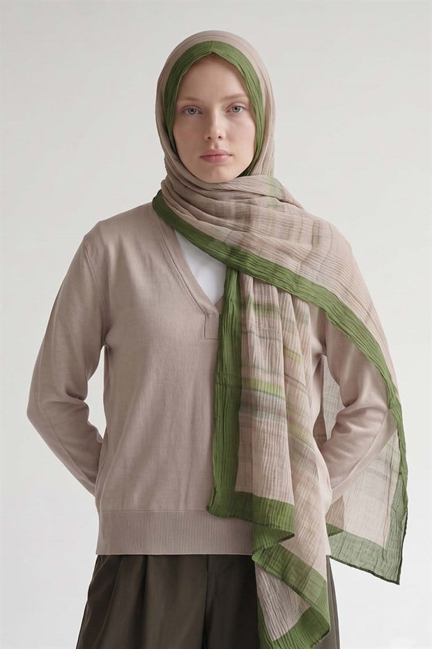 Benetton Kenarları Çizgili Müslin Şal