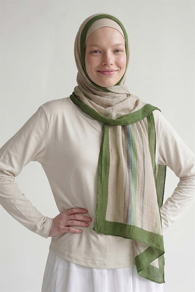 Benetton Kenarları Çizgili Müslin Şal