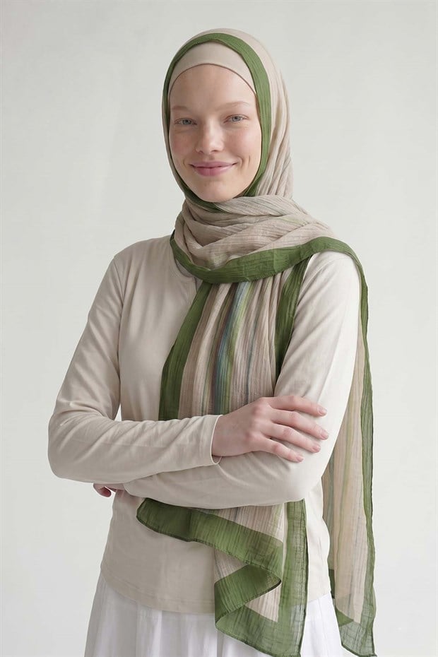 Benetton Kenarları Çizgili Müslin Şal