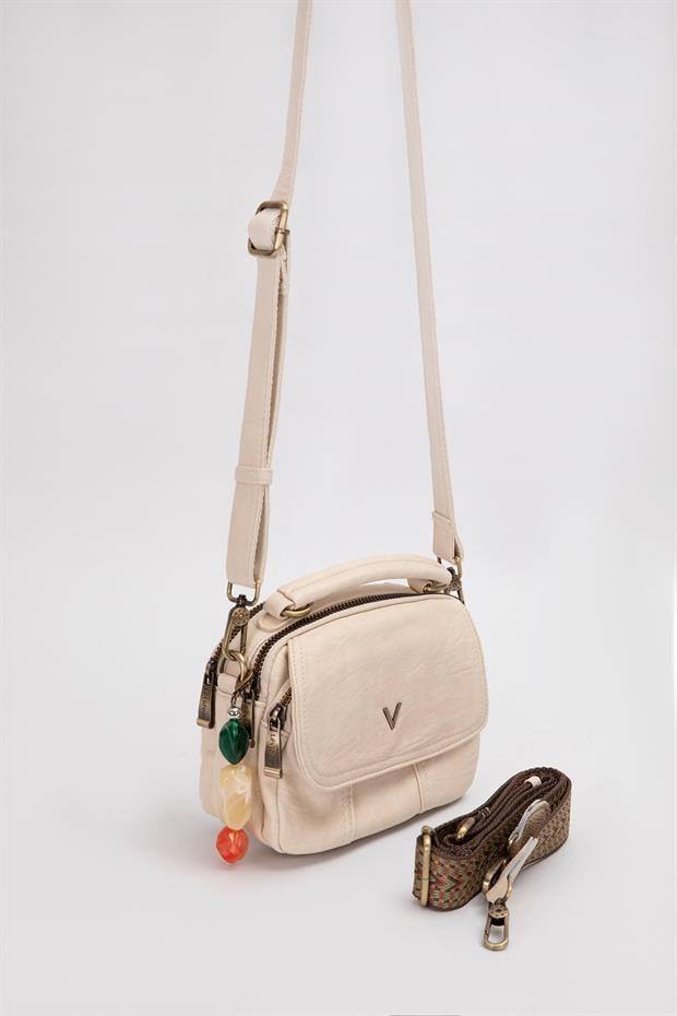 Beyaz Aksesuar Taş Detaylı Omuz Çantası