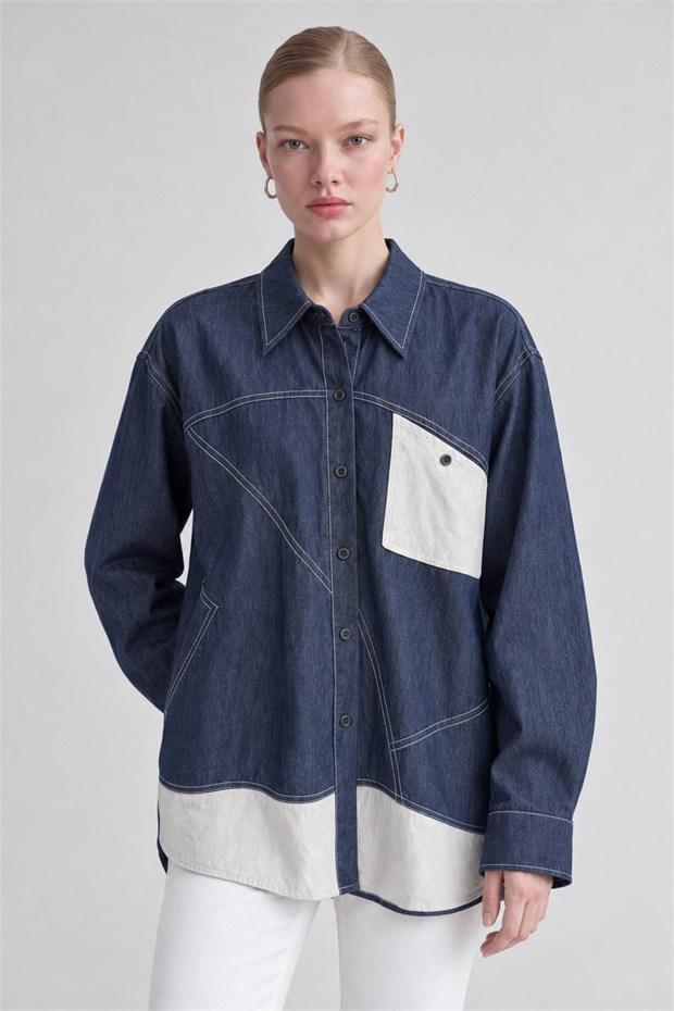 Beyaz Cepli Denim Gömlek Mavi