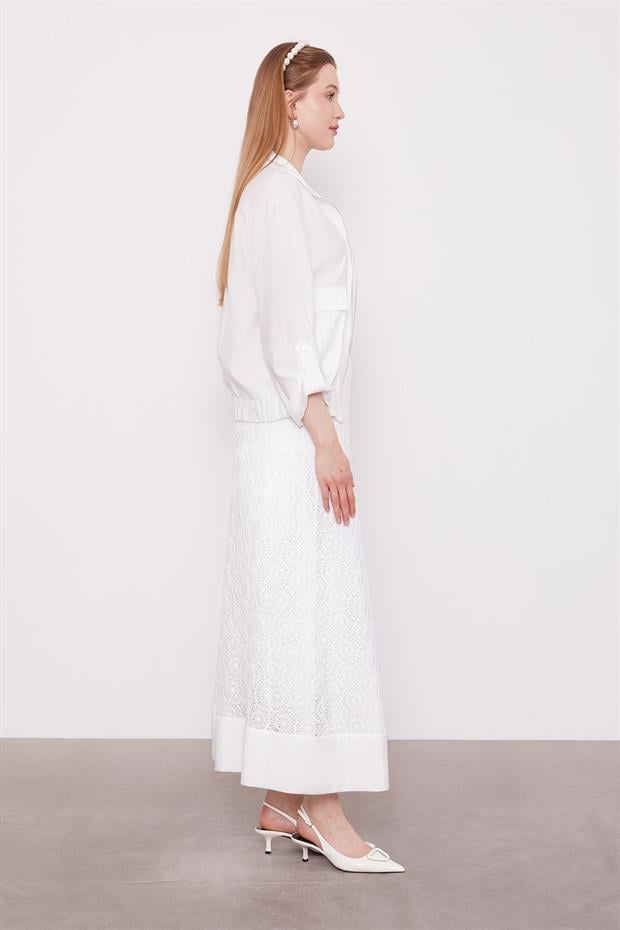 Beyaz Çiçek Dantelli Etek Takım