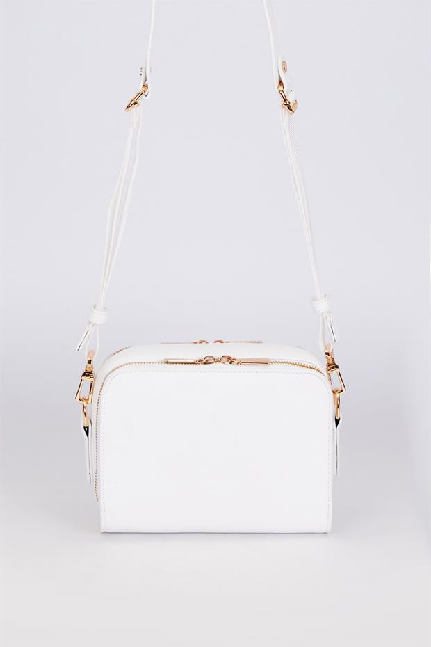 Beyaz Çift Fermuarlı Ayarlanabilir Omuz Çantası