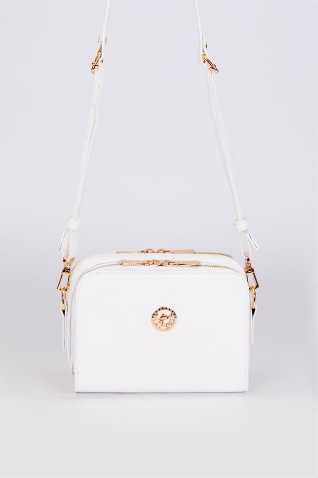 Beyaz Çift Fermuarlı Ayarlanabilir Omuz Çantası