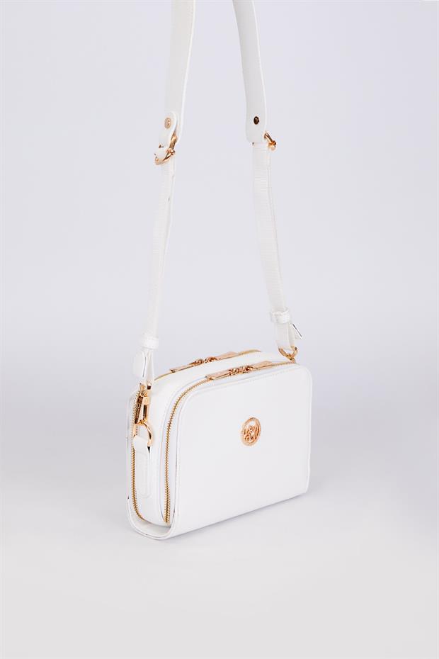 Beyaz Çift Fermuarlı Ayarlanabilir Omuz Çantası