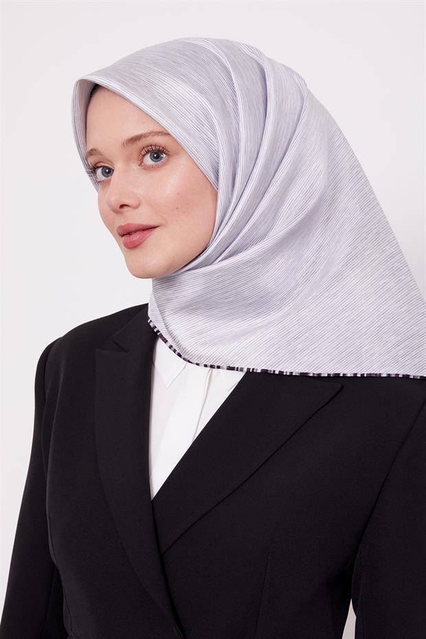 Beyaz Çizgili Twill İpek Eşarp