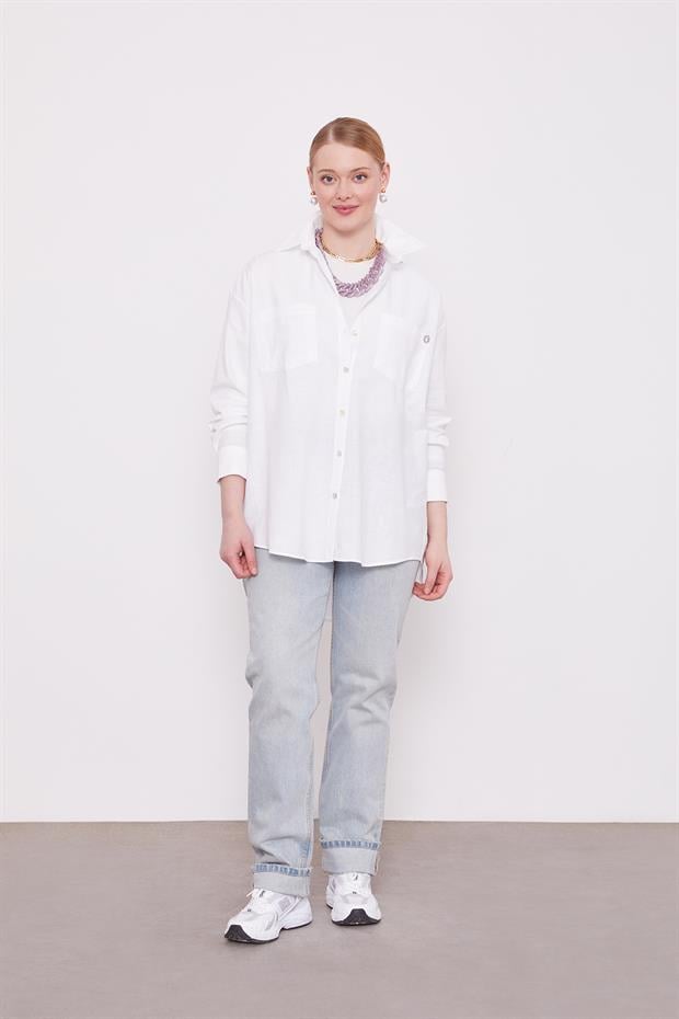 Beyaz Dokulu Pamuk Gömlek