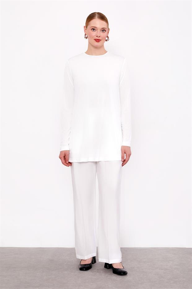 Beyaz File Cep Detaylı Üçlü Tunik Takım