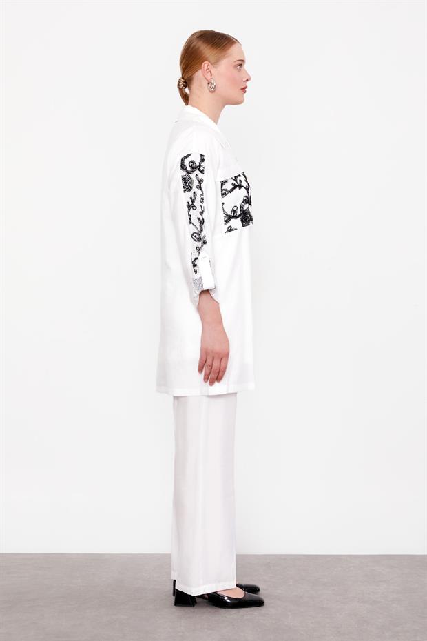 Beyaz File Cep Detaylı Üçlü Tunik Takım