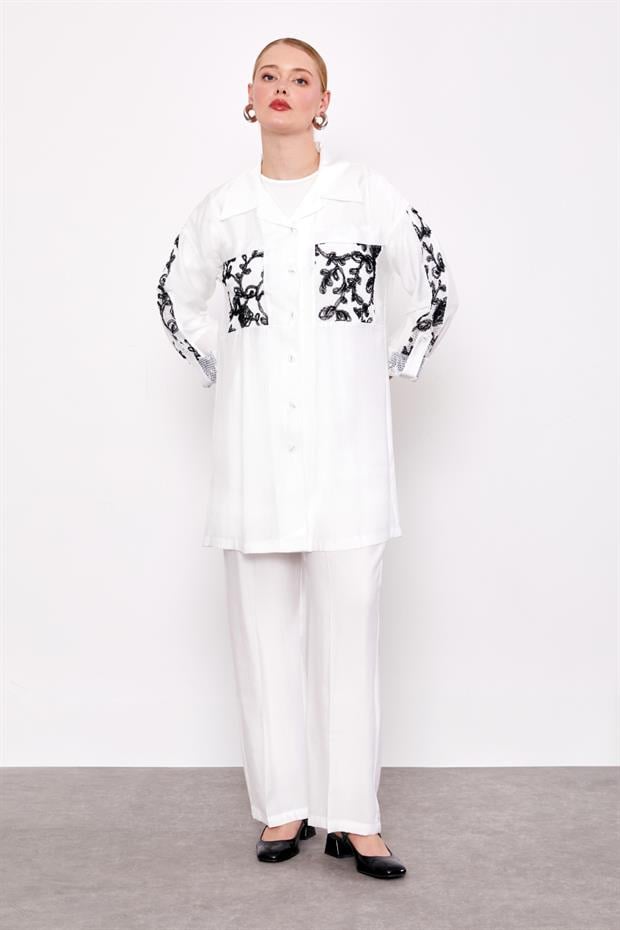 Beyaz File Cep Detaylı Üçlü Tunik Takım