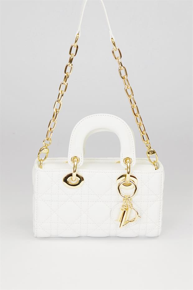Beyaz Gold Zincir Detaylı Omuz Çantası