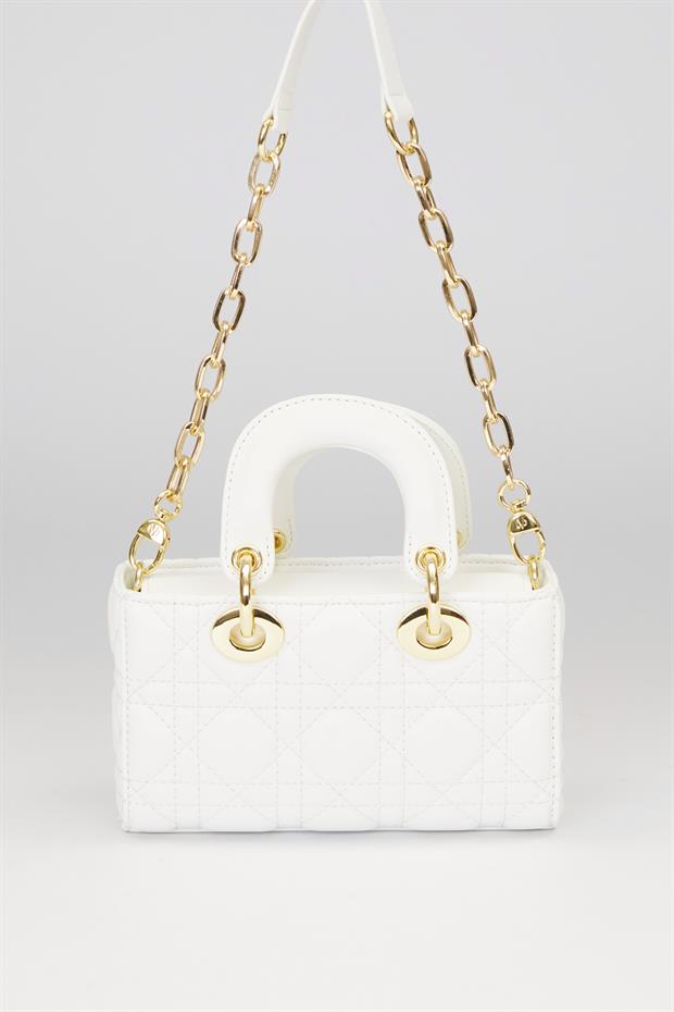 Beyaz Gold Zincir Detaylı Omuz Çantası