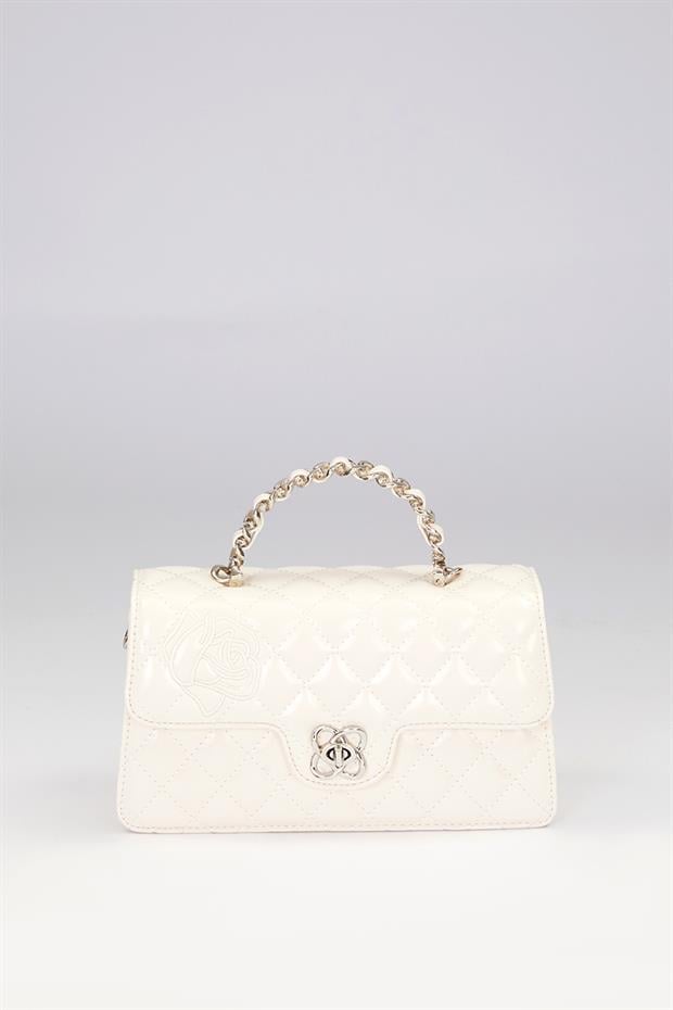 Beyaz Gül Baskılı El Çantası