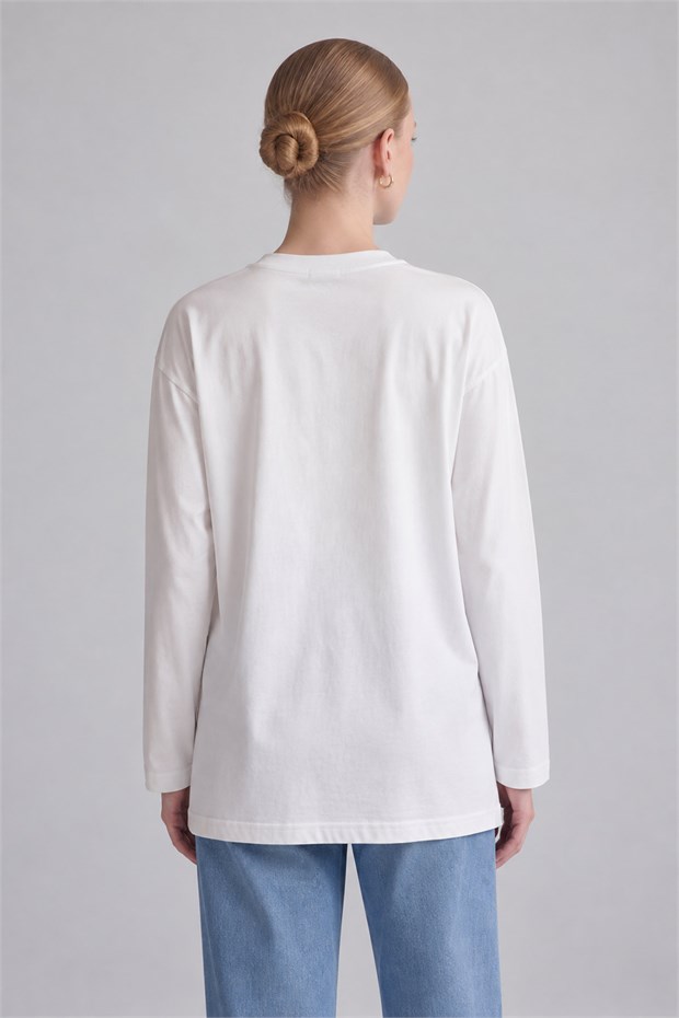İnci ve Boncuk İşlemeli Uzun Kollu T-Shirt Beyaz