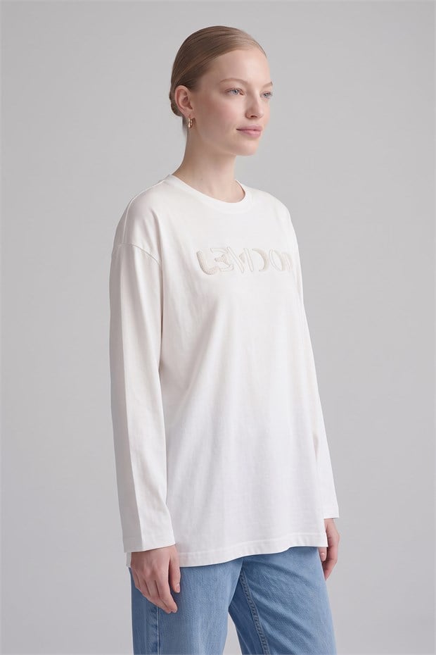 İnci ve Boncuk İşlemeli Uzun Kollu T-Shirt Beyaz