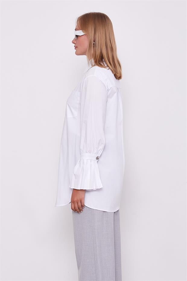 Beyaz Kolu Plise Detay Gömlek