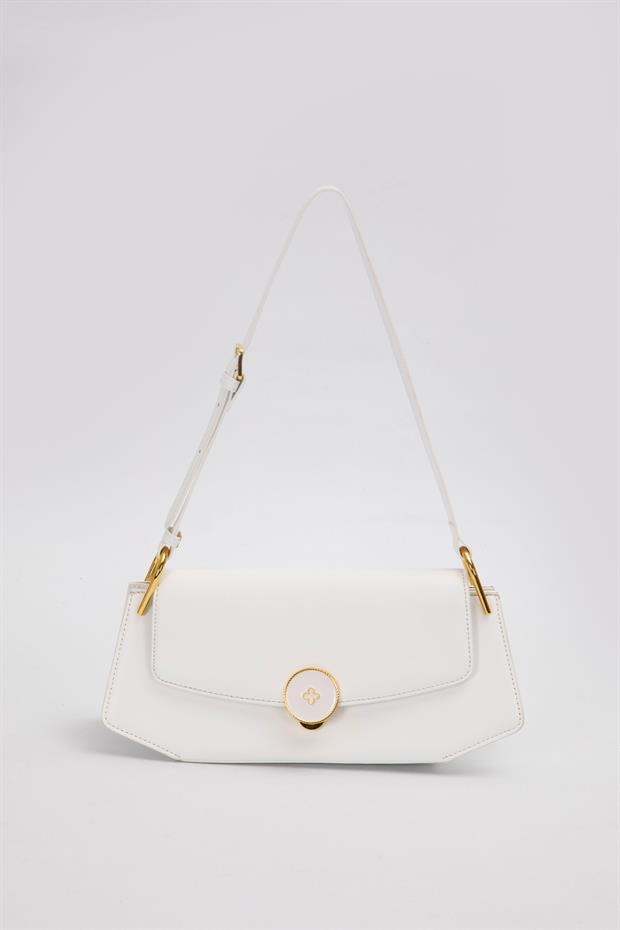 Beyaz Oval Gold Aksesuarlı Omuz Çantası