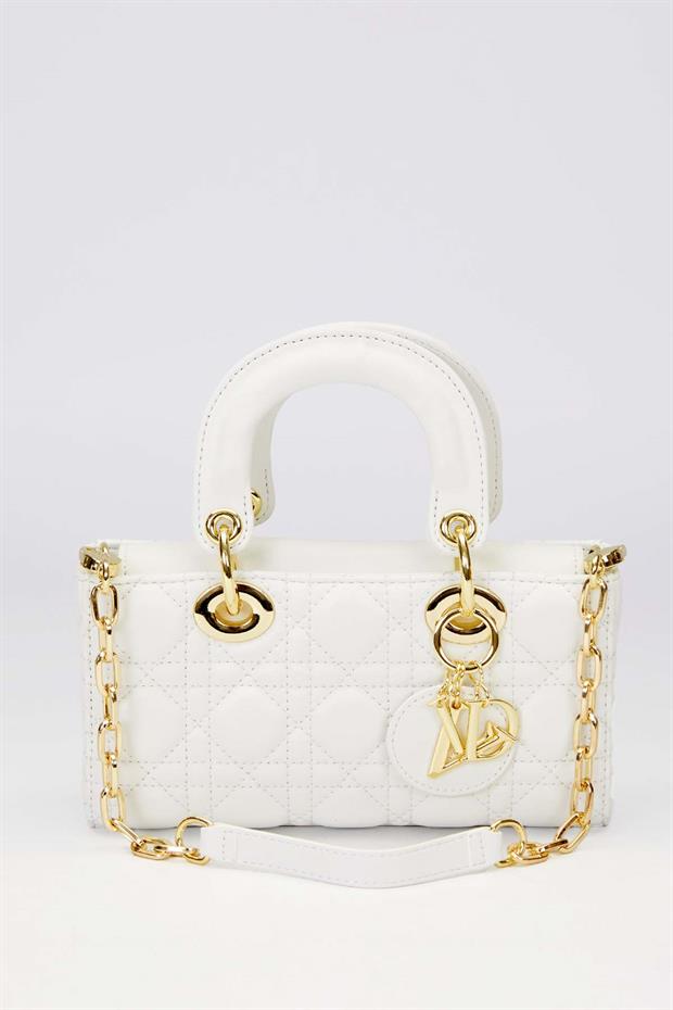 Beyaz Zincir Askı Aksesuarlı El Çantası