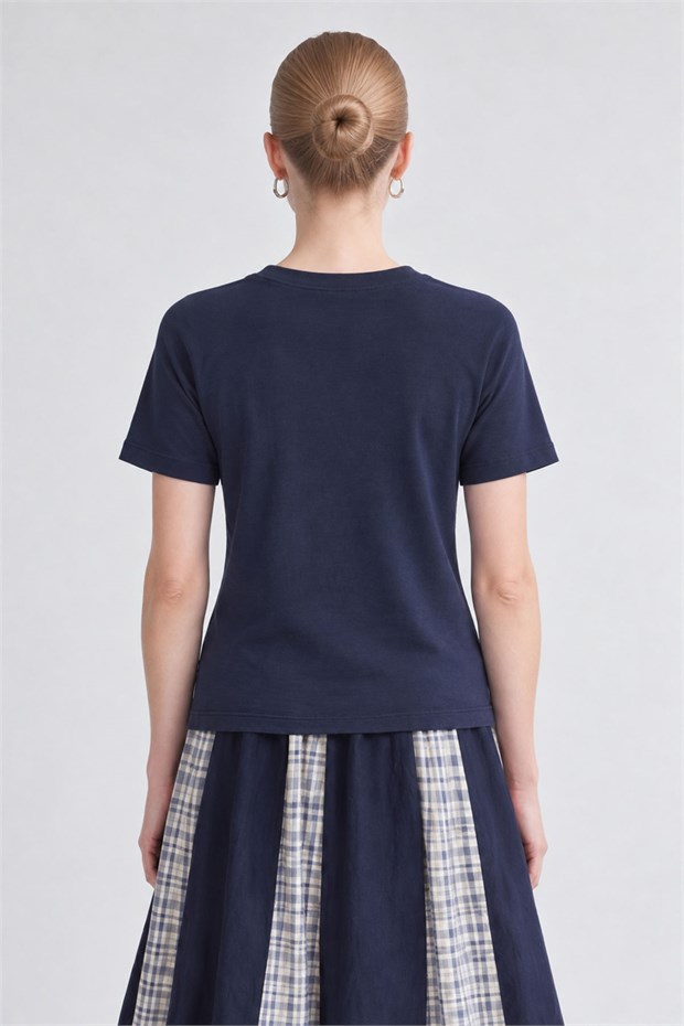 Yuvarlak Yaka Basic T-shirt Koyu Mavi