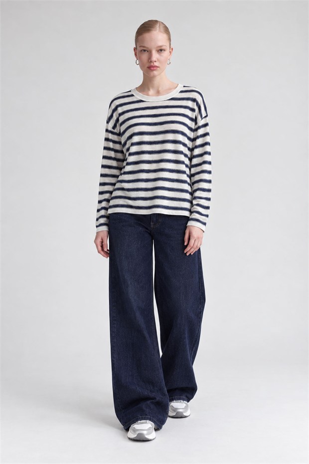 Bisiklet Yaka Oversize Sweatshirt Mavi-Beyaz