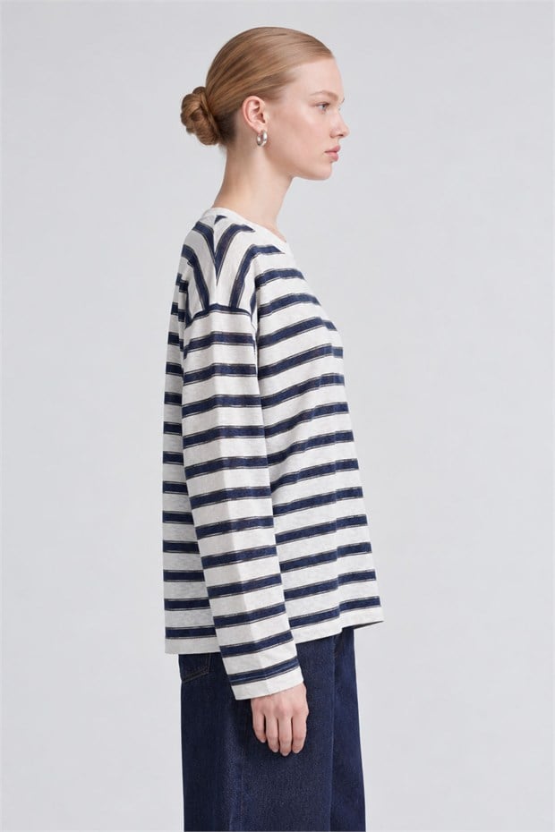 Bisiklet Yaka Oversize Sweatshirt Mavi-Beyaz